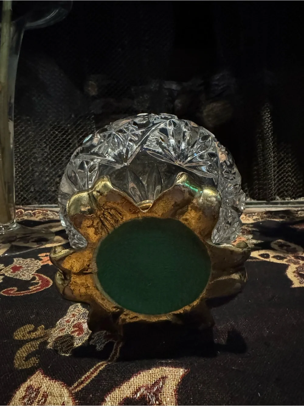 Vintage Cut Glass Crystal Compote with Brass Pedestal